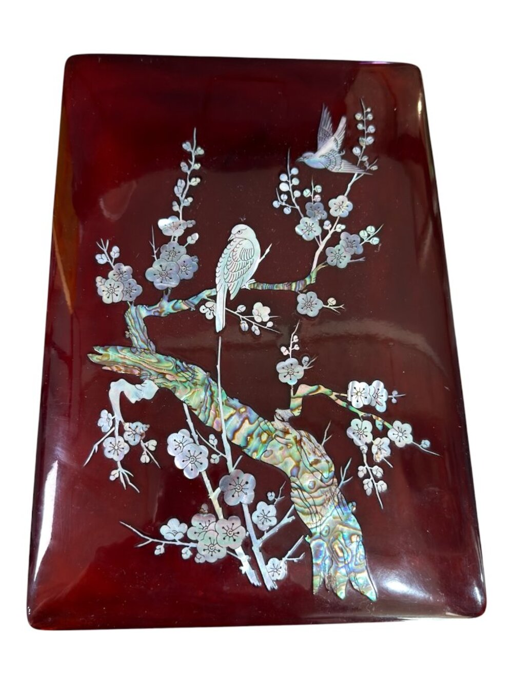 Mother Of Pearl Abalone Shell Bird Flowers Lacquer Box 11.5" x 7.5"